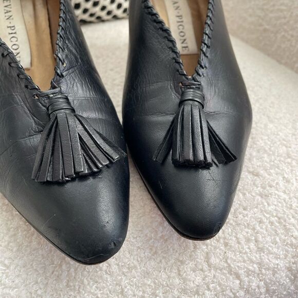 Vintage High Cut Evan Picone Black Leather Tassel Whipstitch Heels Shoes 9.5 - Picture 2 of 10